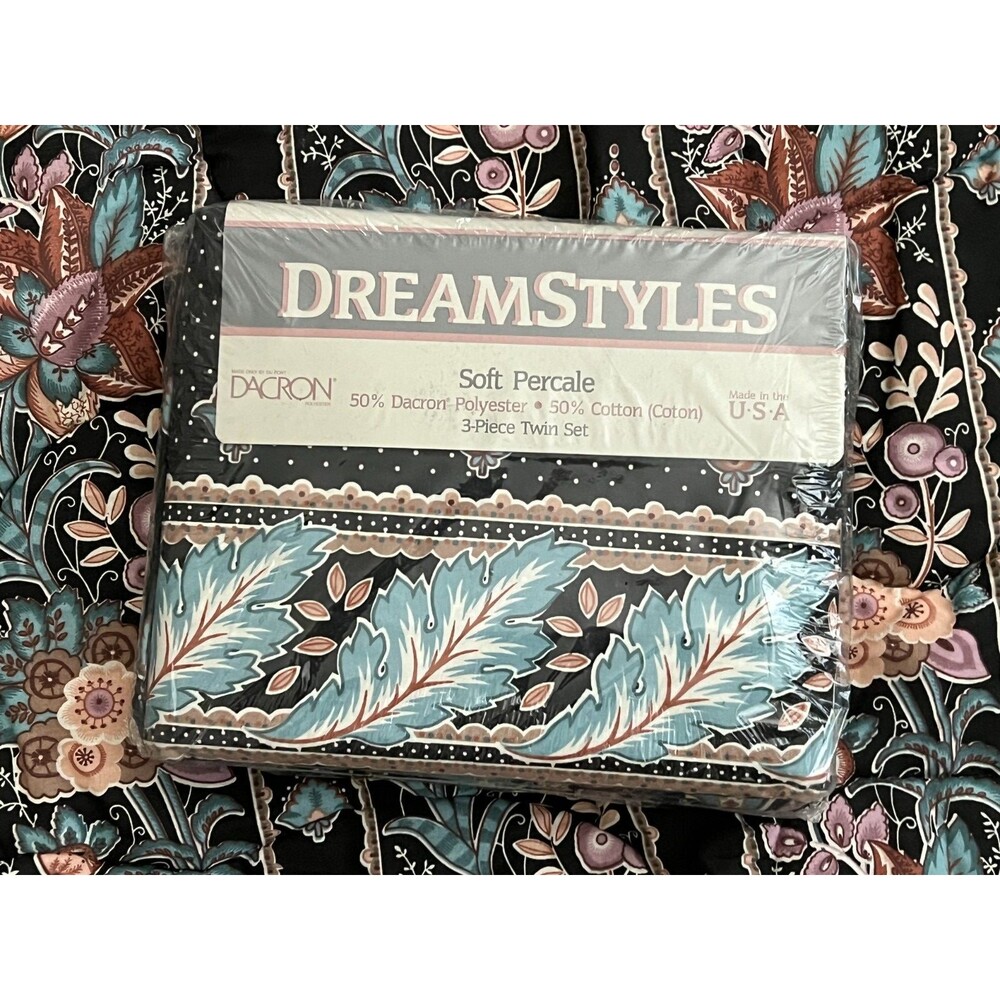 Vtg NEW Dreamstyles 4pc Twin Comforter & Sheet Set Corinth Black Floral Dacron